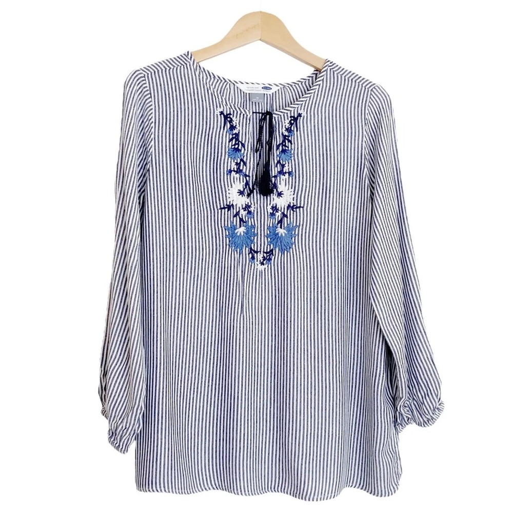 OLD NAVY Medium Women The Tunic Shirt Blue White Striped Boho Embroidered Flower